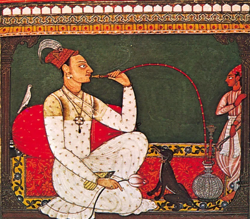 Sigara içen bir tepe şefinin tasviri, Pahari stili, Basohli, 17. yüzyıl sonları; Hindistan Ulusal Müzesi, Yeni Delhi'de.