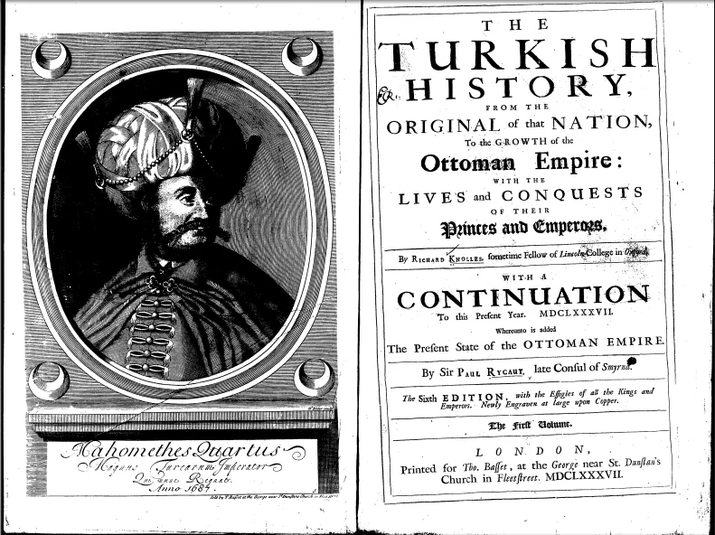 An old printed spread showing an engraved portrait beside an English-language book title page.