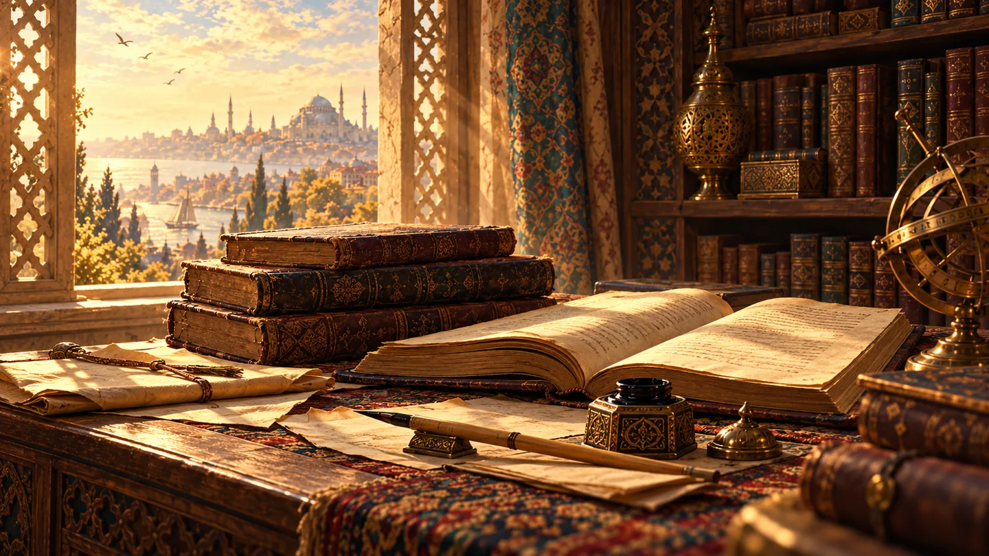 Leather-bound books, an open manuscript, reed pen and inkpot on a wooden reading table, with shelves and a city view behind.